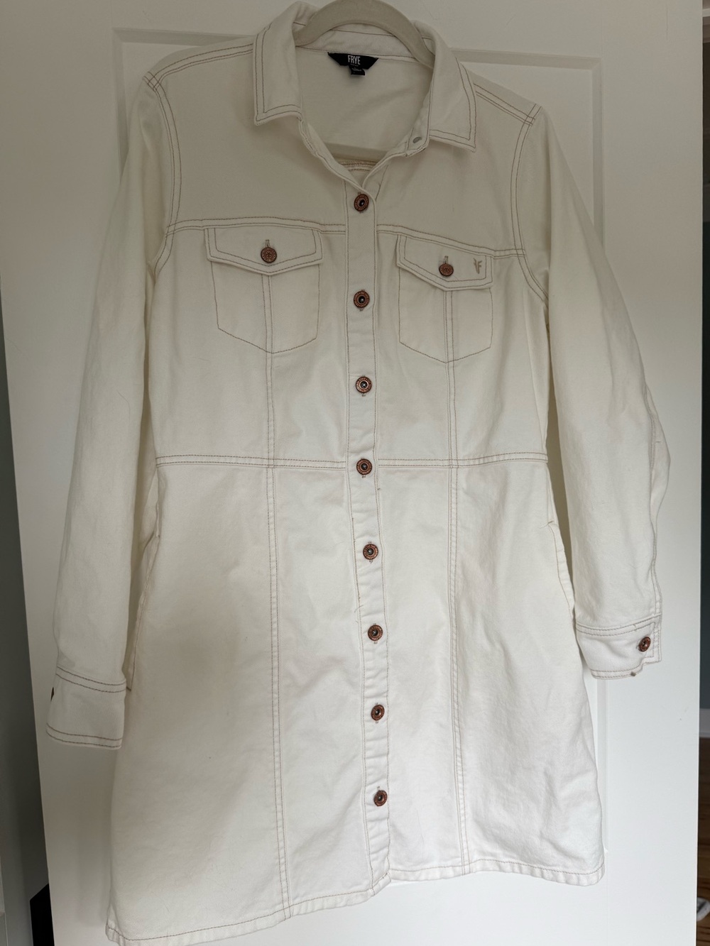 NWOT FRYE White Denim Button Front Shirt Dress Size L Pockets